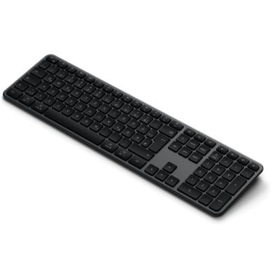 Die Satechi Slim EX3 Wireless Keyboard Space Black DE ist eine elegante, minimalistische Tastatur von Satechi mit deutschem Layout, einem Ziffernblock auf der rechten Seite und Tasten mit flachem Profil.