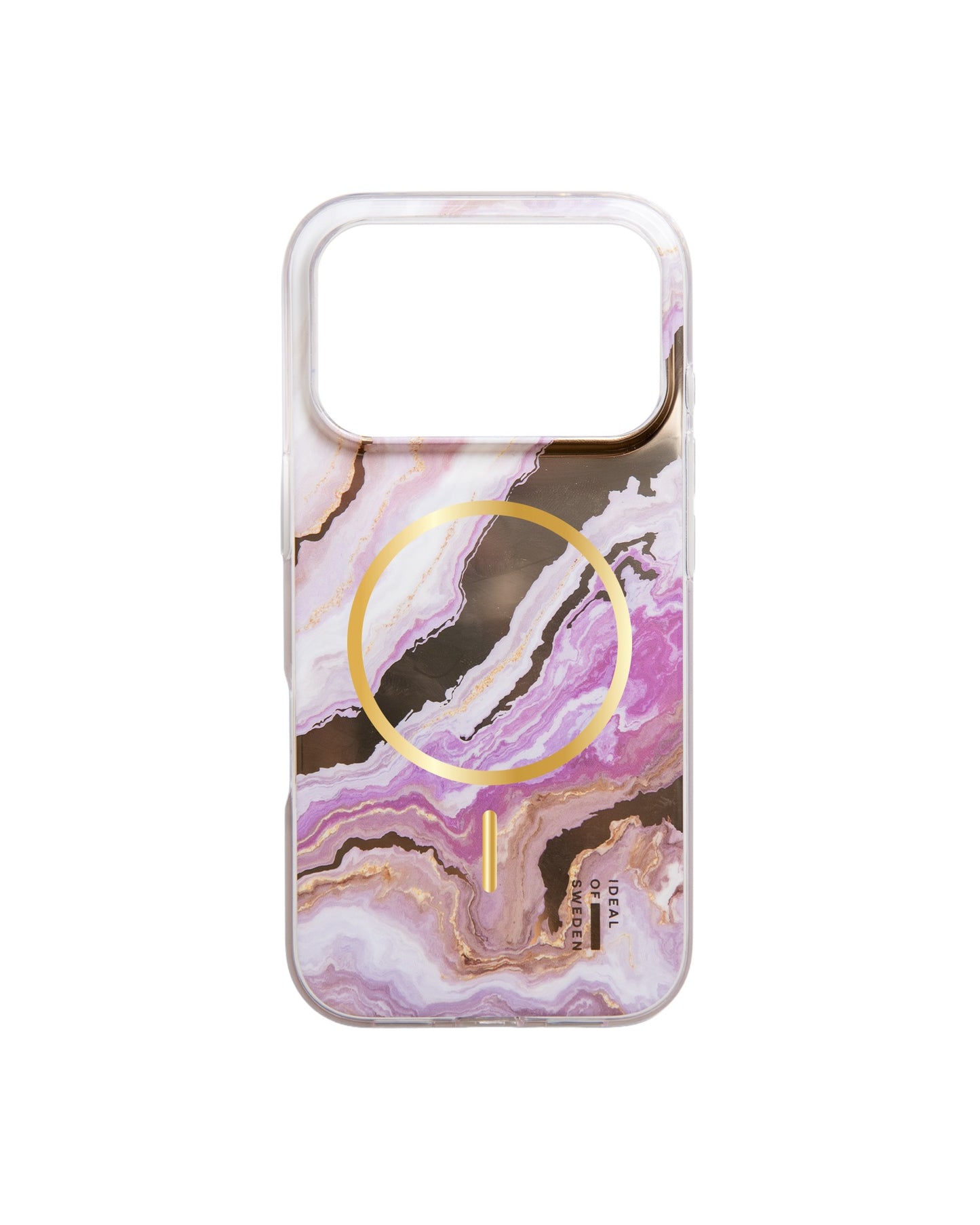 Die „Ideal of Sweden“-Hülle mit MagSafe für das iPhone 17 Pro/18 Pro – „Agate Halo“ besticht durch ein marmoriertes Muster in Lila, Rosa und Weiß, das durch ein goldenes Kreis- und Liniendesign in der Mitte akzentuiert wird. Diese Handyhülle von Ideal of Sweden verbindet skandinavisches Design mit stilvollen Details für einen modernen Look und ist dank MagSafe-Kompatibilität nahtlos aufladbar.
