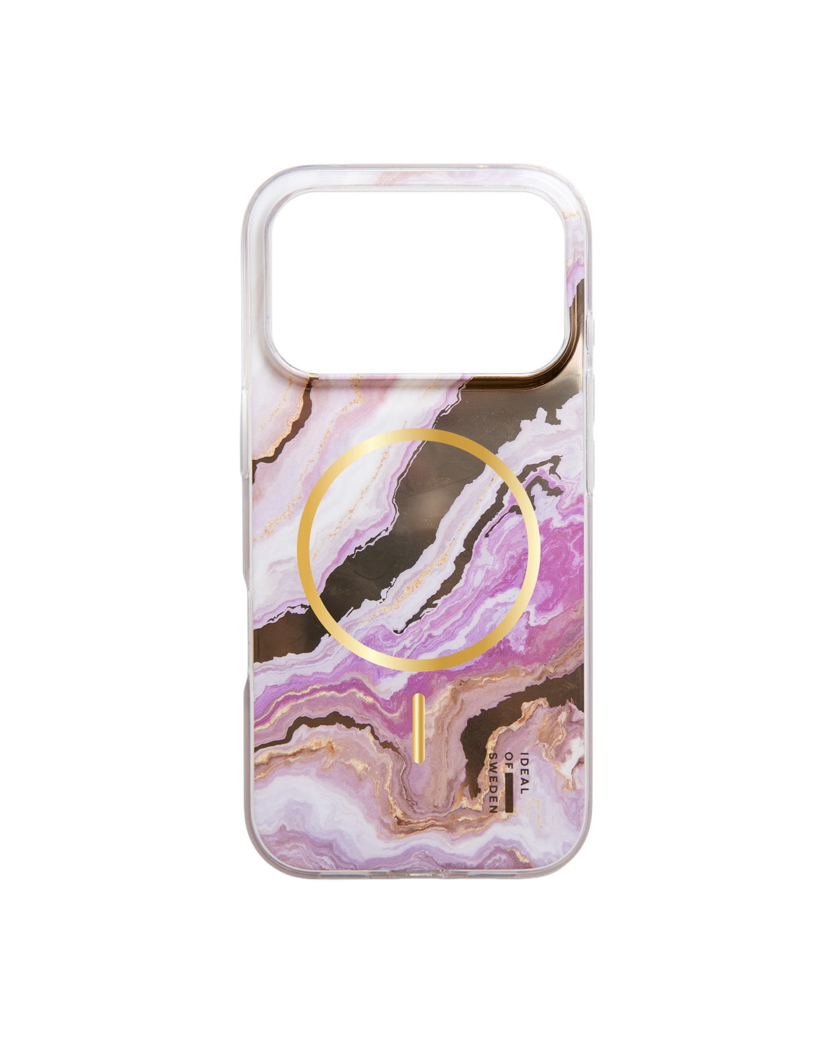 Die „Agate Halo“ – eine Hülle für das iPhone 17 Pro Max/18 Pro Max von Ideal of Sweden – besticht durch ein Marmormuster in Rosa, Lila und Weiß mit einem goldenen kreisförmigen Motiv in der Mitte und einer rechteckigen Kameraaussparung am oberen Rand. Diese MagSafe-kompatible Hülle vereint eleganten Stil mit praktischer Funktionalität.