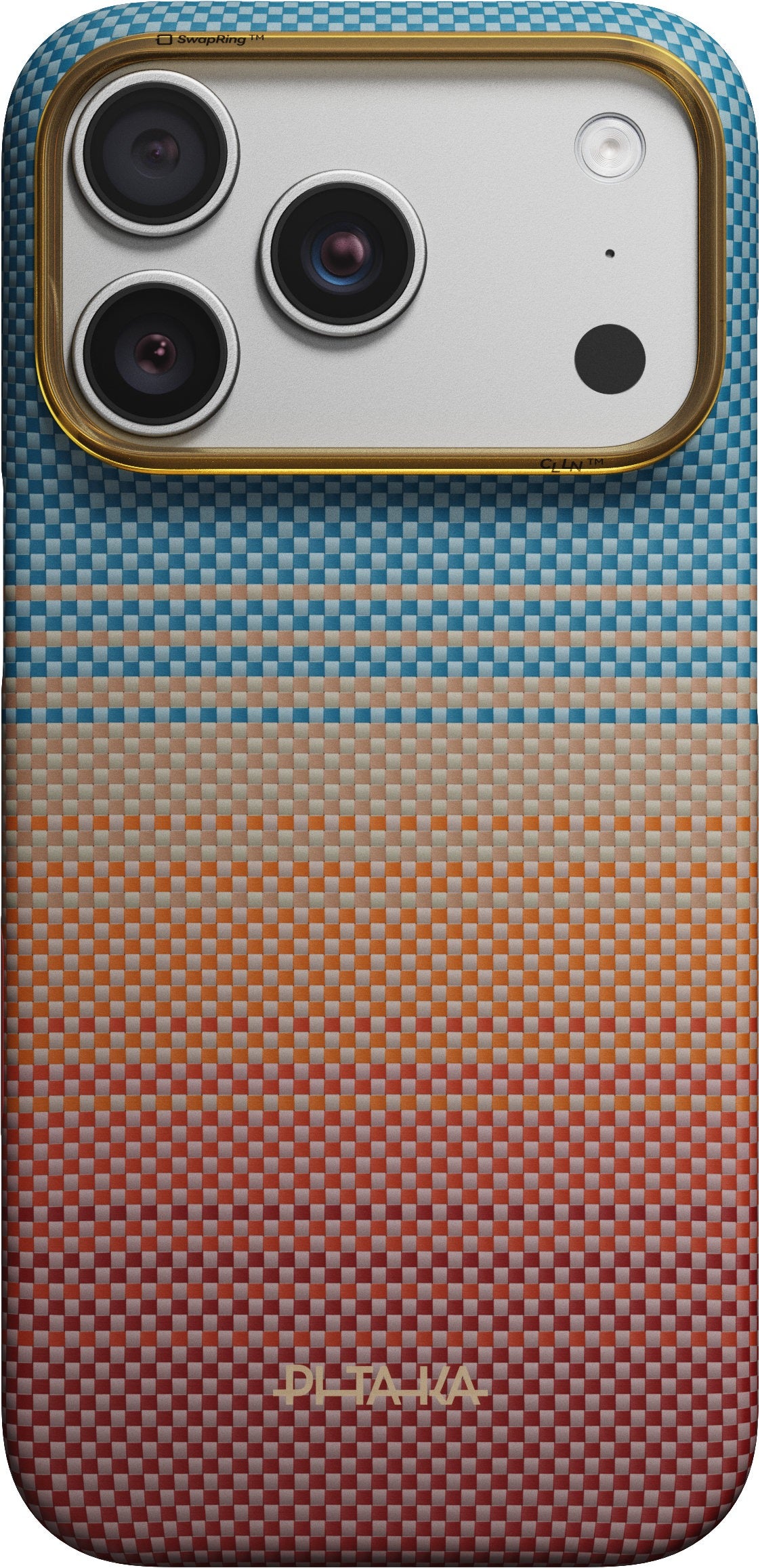 A smartphone equipped with triple rear cameras is encased in the PITAKA Aramid Edge Case für iPhone 17 Pro/18 Pro, Sunset 2.0. This case features a textured surface with a gradient pattern transitioning from blue at the top to orange at the bottom, and prominently displays the PITAKA brand name near its ultradünnes Design base.