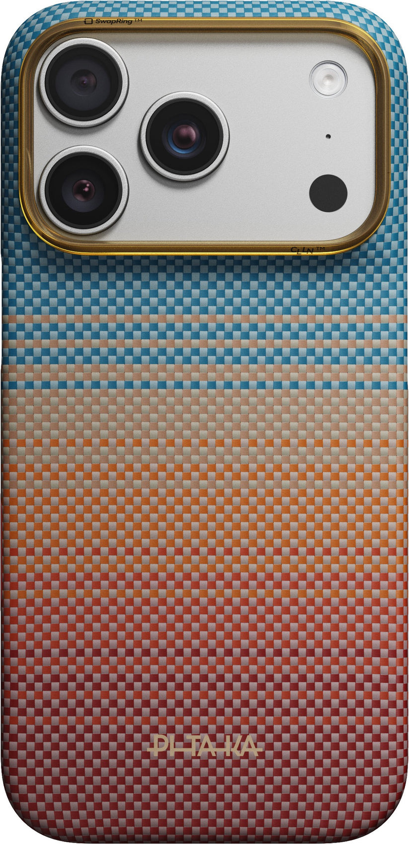 A smartphone equipped with triple rear cameras is encased in the PITAKA Aramid Edge Case für iPhone 17 Pro/18 Pro, Sunset 2.0. This case features a textured surface with a gradient pattern transitioning from blue at the top to orange at the bottom, and prominently displays the PITAKA brand name near its ultradünnes Design base.