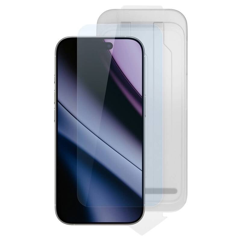 A smartphone featuring a curved, abstract wallpaper is displayed in front of the Epico Panzerglas für iPhone 18 Pro Max / 17 Pro Max with Installationskit by Epico, all set against a plain white background.