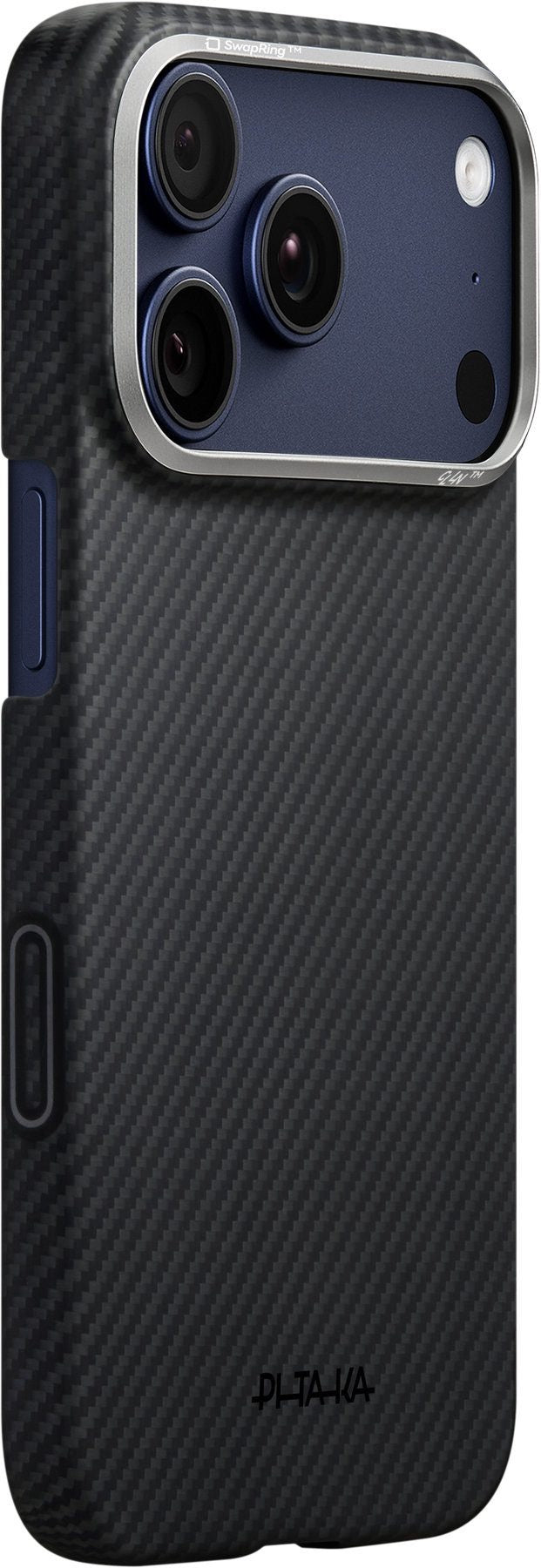 The PITAKA Aramid Ultra Slim Case für iPhone 17 Pro Max in Schwarz besticht durch seine Carbonfaser-Textur und ultradünnen Schutz in Luft- und Raumfahrtqualität, der außergewöhnliche Sicherheit bietet. Die Hülle wurde speziell für das iPhone 17 Pro Max mit seiner Dreifachkamera und dem Blitz auf der Rückseite entworfen. Das dezente PITAKA Logo ist am unteren Rand der Schutzhülle angebracht.