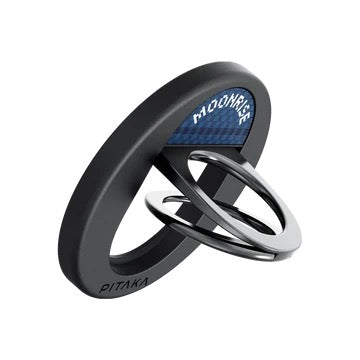Black circular Pitaka MagSafe Phone Ring Moonrise with a blue patterned insert and an integrated metal finger loop.