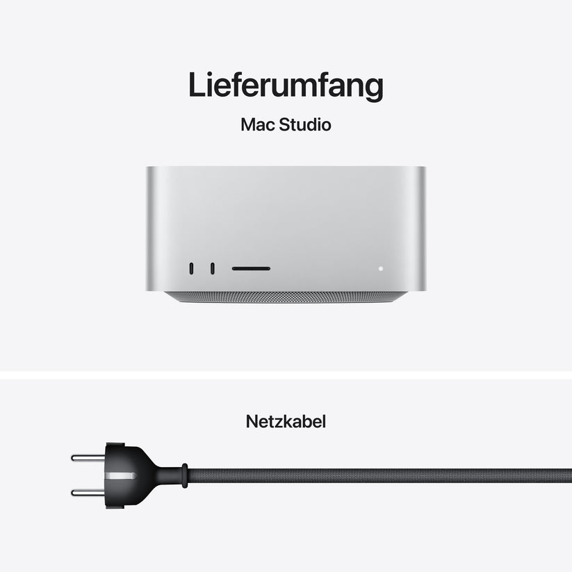 Vorderansicht eines silbernen Apple Mac Studio: Apple M5 Max Chip mit 18-Core-CPU und 32-Core-GPU, 36 GB, 512 GB SSD über einem schwarzen Netzkabel mit einem Stecker nach europäischem Standard. Der Text „Lieferumfang: Mac Studio und Netzkabel“ ist auf hellem Hintergrund zu lesen.
