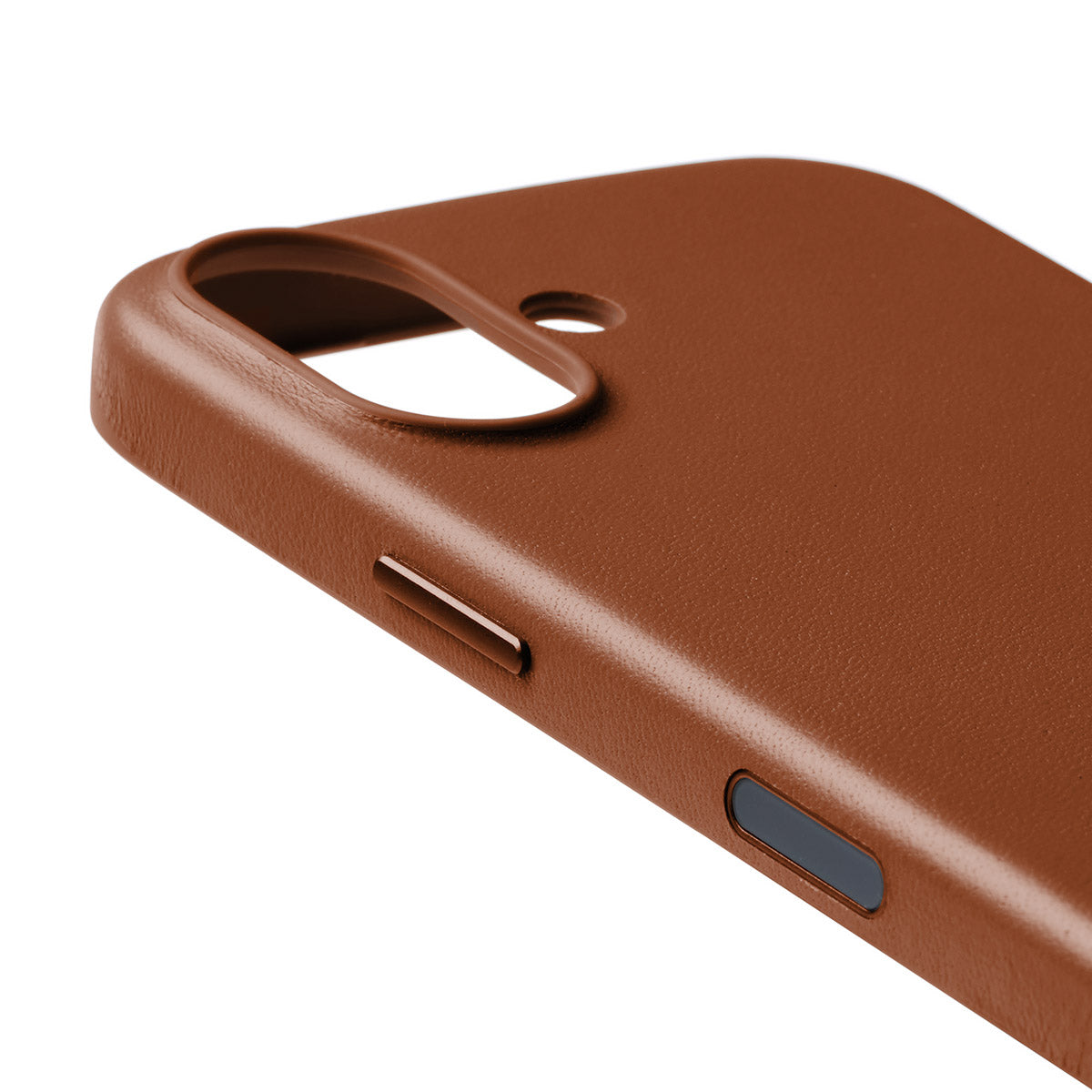 Nahaufnahme der Bellroy-Hülle „0 card“ für das iPhone 17 in der Farbe „Rust“ mit Blick auf den Kameraausschnitt, die Seitentasten und die weiche Oberfläche. Das MagSafe-kompatible Design sorgt für müheloses Aufladen und sicheren Halt von Zubehör.