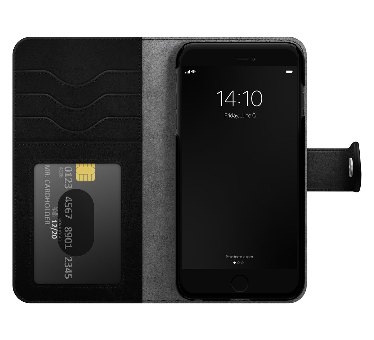 A black Ideal of Sweden Magnet Wallet+ case, made from vegan materials, holds an iPhone SE on the right and three cards on the left, including a visible chip card with numbers. The phone shows the time 14:10 and the date Friday, June 6.