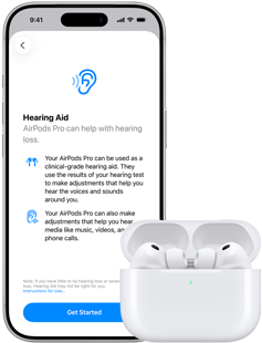 AirPods Pro 3 im MagSafe Ladecase, iPhone 17 Pro, Text auf dem Display: Hörgerät
