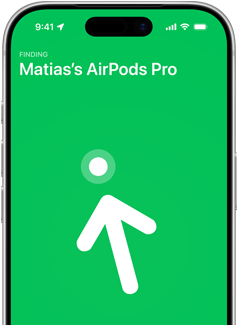 iPhone 17 Pro, Display zeigt „Wo ist?“ mit Genauer Suche, Text: Marks AirPods Pro