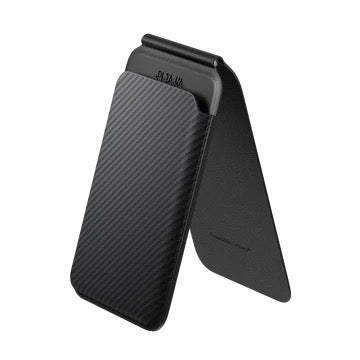 A black and grey twill PITAKA Magnetic Stand Woven Wallet with a carbon fiber pattern.