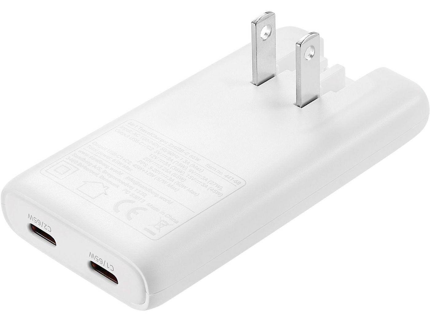 Sandberg Dual Port Ladegerät 65W - mit Reiseadapter - Weiß