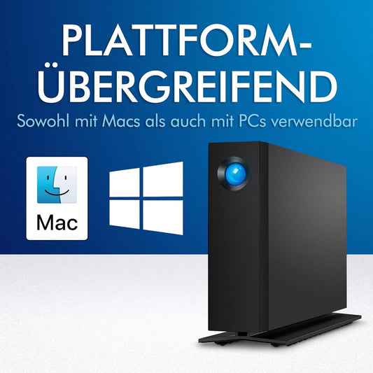 Eine schwarze LaCie d2 Professional, 10TB wird mit Mac- und Windows-Symbolen gezeigt. Der deutsche Text "Plattformübergreifend. Sowohl mit Macs als auch mit PCs verwendbar" bedeutet, dass sie sowohl mit Macs als auch mit PCs funktioniert. Marke: LaCie.