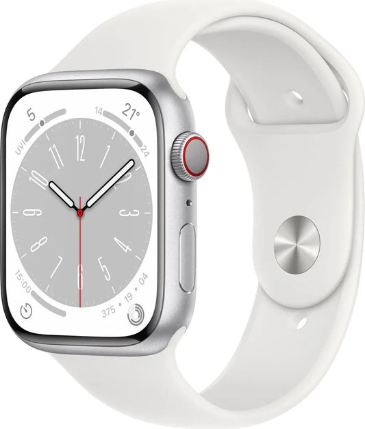 Apple Watch Series 8 GPS + Cellular, Aluminium silber, 45mm mit Sportarmband, weiß