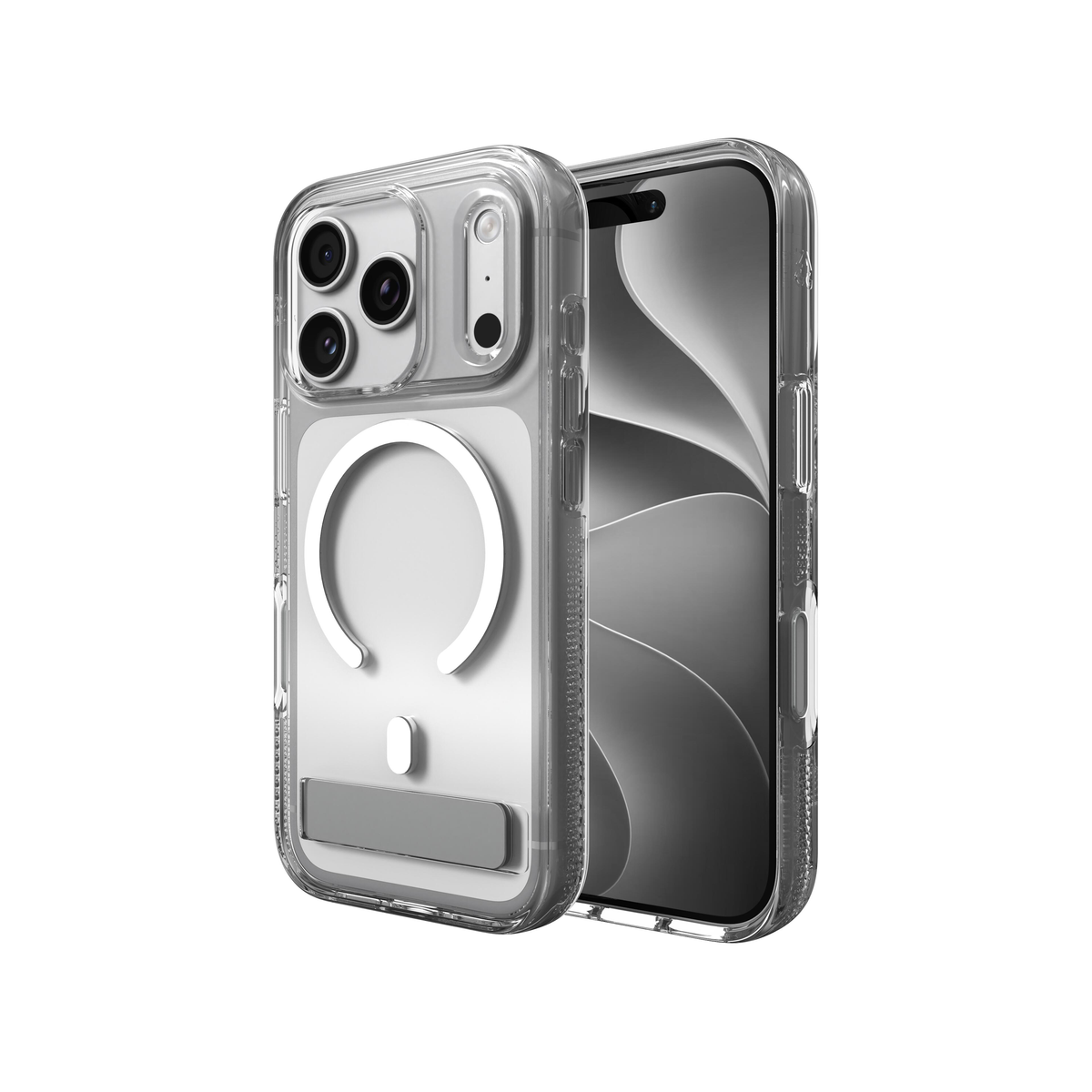 A clear phone case—such as the ZAGG Crystal Palace Snap mit Standfuß und Kamerataste for iPhone 17 Pro/18 Pro by ZAGG—is shown on a modern smartphone with dual rear cameras and a circular MagSafe-compatible design on the back. The phone screen displays an abstract black and white pattern.