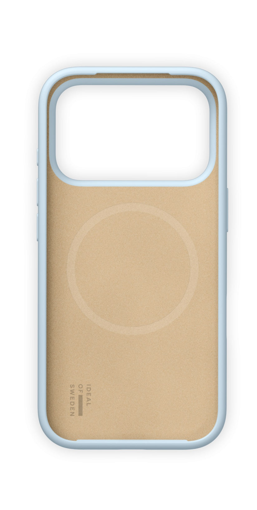 IPhone 18 Pro için açık mavi renkli, MagSafe özellikli bir Ideal of Sweden silikon kılıf; arkadan bakıldığında, dikdörtgen bir kamera açıklığı ve ortada dairesel bir işaret bulunan bej ve açık mavi renkli bir tasarıma sahiptir. Bu zarif MagSafe telefon kılıfının alt kısmında “IDEAL OF SWEDEN” yazısı yer almaktadır.