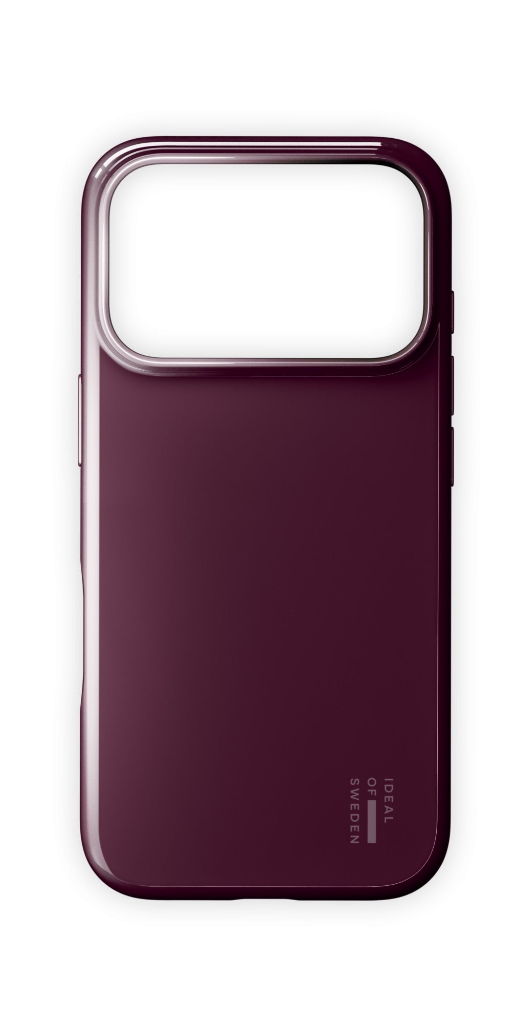 Eine glänzende, dunkelburgunderrote „Ideal of Sweden Hülle mit MagSafe für iPhone 17 Pro Max/18 Pro Max – Glossy Cherry“ mit einer großen, rechteckigen Kameraaussparung und dem weißen IDEAL OF SWEDEN-Logo in der unteren rechten Ecke, speziell für das iPhone 18 Pro Max entwickelt.