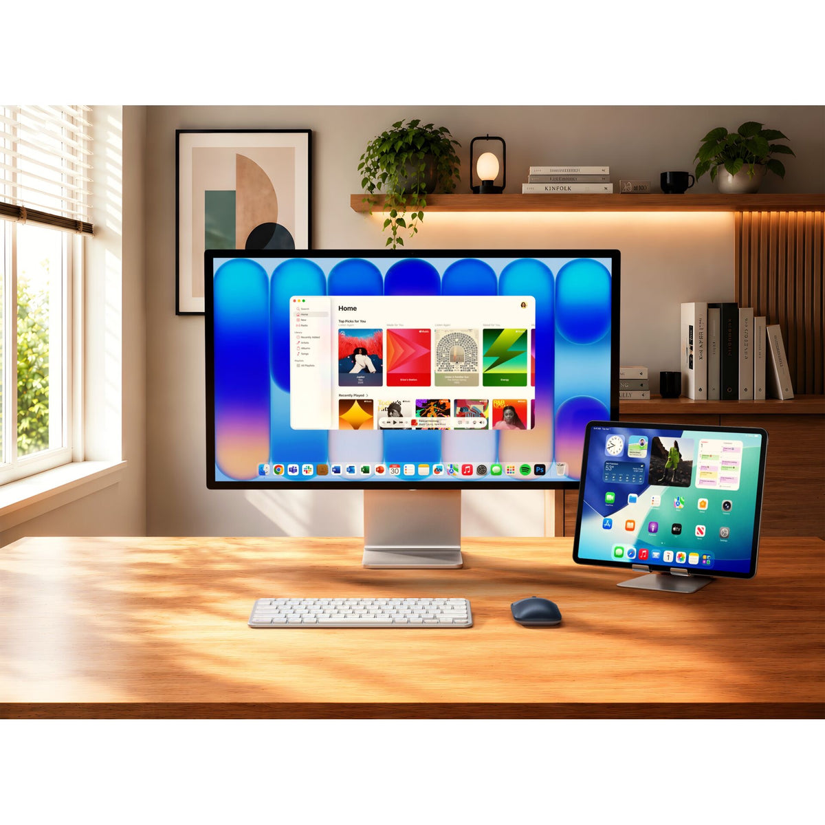 Ein moderner Arbeitsplatz mit einem großen Monitor und einem Tablet auf einem Holzschreibtisch, der sich durch ein ergonomisches Design für mehr Komfort auszeichnet, mit einer Satechi Slim EX Wireless-Maus (Indigo) und einer Satechi Slim EX-Tastatur davor, Büchern in den Regalen, einer Pflanze und gerahmten Kunstwerken an der Wand – alles beleuchtet von hellem Tageslicht, das durch ein nahegelegenes Fenster fällt.