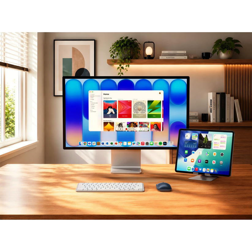 Ein moderner Arbeitsplatz mit einem großen Monitor und einem Tablet auf einem Holzschreibtisch, der sich durch ein ergonomisches Design für mehr Komfort auszeichnet, mit einer Satechi Slim EX Wireless-Maus (Indigo) und einer Satechi Slim EX-Tastatur davor, Büchern in den Regalen, einer Pflanze und gerahmten Kunstwerken an der Wand – alles beleuchtet von hellem Tageslicht, das durch ein nahegelegenes Fenster fällt.