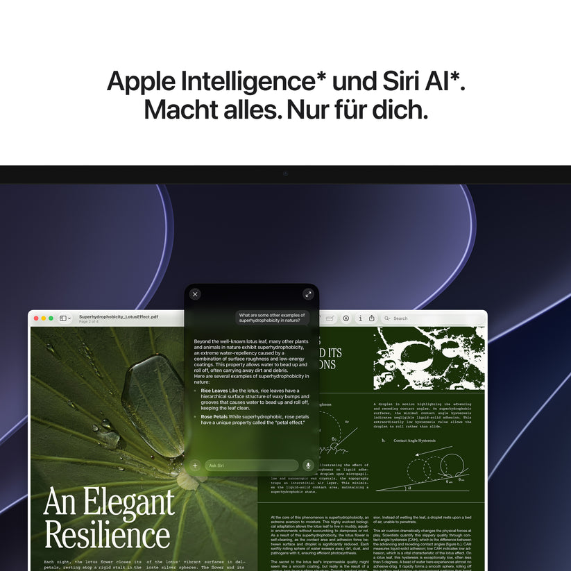 Ein Mac Studio mit dem Apple M5 Max Chip, einer 18-Kern-CPU und einer 32-Kern-GPU, 36 GB RAM und einer 512 GB SSD zeigt eine Apple-Benutzeroberfläche mit einem Chat-Fenster und zwei Artikeln zum Thema Pflanzen in grüner Farbgebung an. Über dem Bildschirm ist folgender deutscher Text zu lesen: „Apple Intelligence* und Siri AI*. Macht alles. Nur für dich.“.