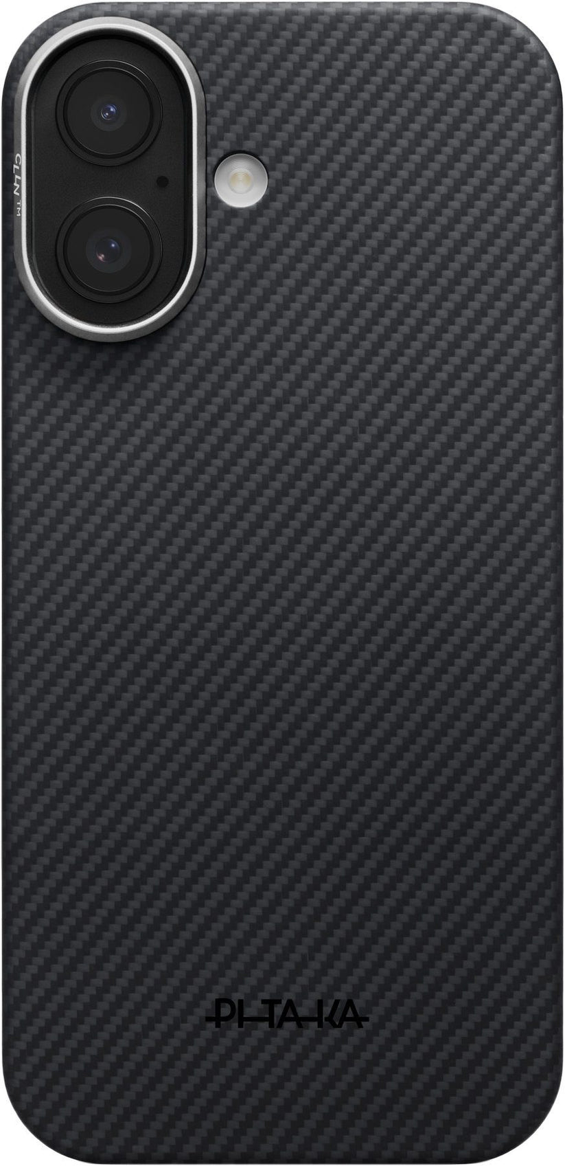 Ein Smartphone mit der PITAKA Aramid Ultra Slim Hülle für das iPhone 17 in Schwarz, die sich durch eine Carbon-Optik, zwei Rückkameras und einen Blitz auszeichnet. Der Schriftzug „PITAKA“ ist am unteren Rand dieser ultradünnen Hülle aufgedruckt, die erstklassigen Schutz ohne zusätzliches Volumen bietet.