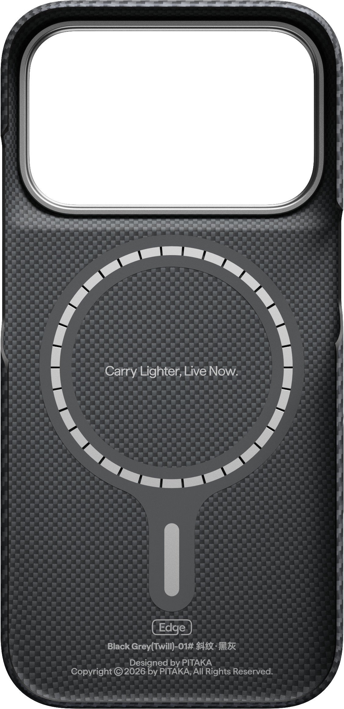 The PITAKA Aramid Edge Case für iPhone 17 Pro/18 Pro in Schwarz is an ultradünne Schutzhülle aus Carbonfaser mit rechteckigem Kameraausschnitt und kreisförmigem MagSafe-Ring-Design. In der Mitte ist elegant der Schriftzug “Carry Lighter, Live Now.” aufgedruckt.