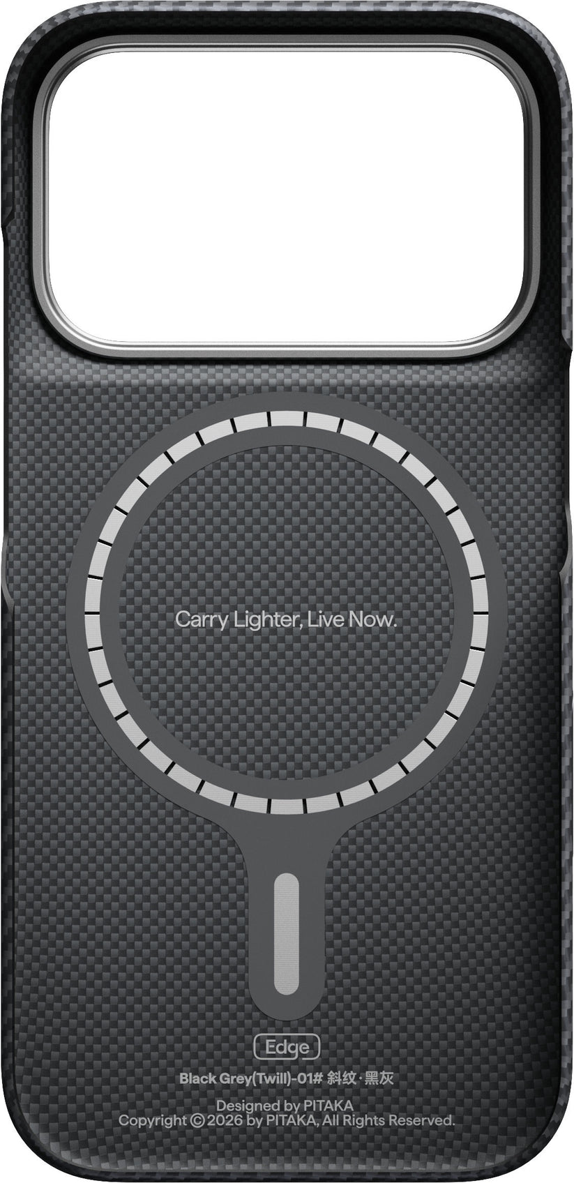 The PITAKA Aramid Edge Case für iPhone 17 Pro/18 Pro in Schwarz is an ultradünne Schutzhülle aus Carbonfaser mit rechteckigem Kameraausschnitt und kreisförmigem MagSafe-Ring-Design. In der Mitte ist elegant der Schriftzug “Carry Lighter, Live Now.” aufgedruckt.