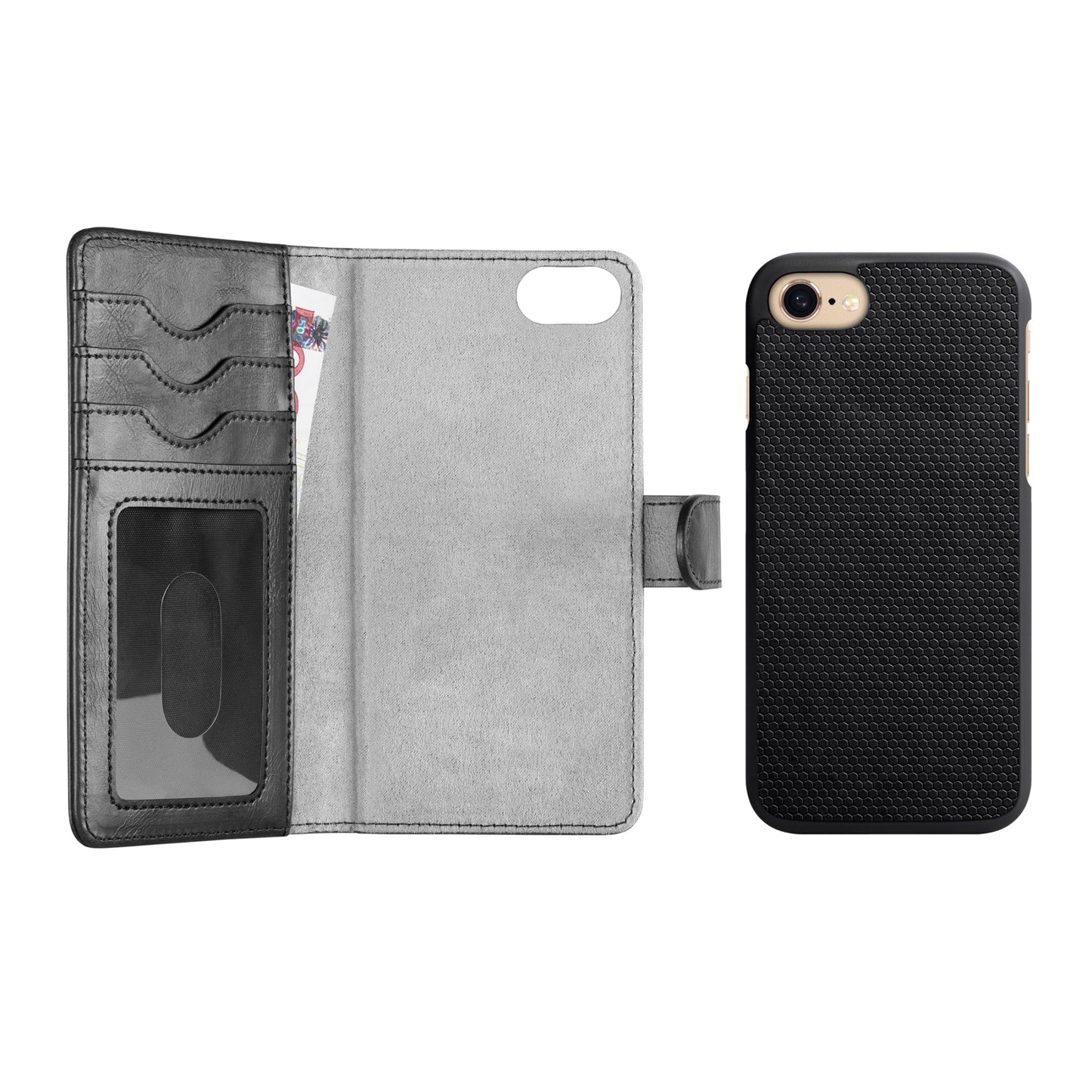 Open black wallet-style phone case—Ideal of Sweden Magnet Wallet+ iPhone 8 / 7 / 6 / 6S / SE in Schwarz—crafted from vegan materials, features card slots and a transparent ID window on the left, with a MagSafe-compatible textured black phone case from Ideal of Sweden securely holding an iPhone on the right, both set against a white background.