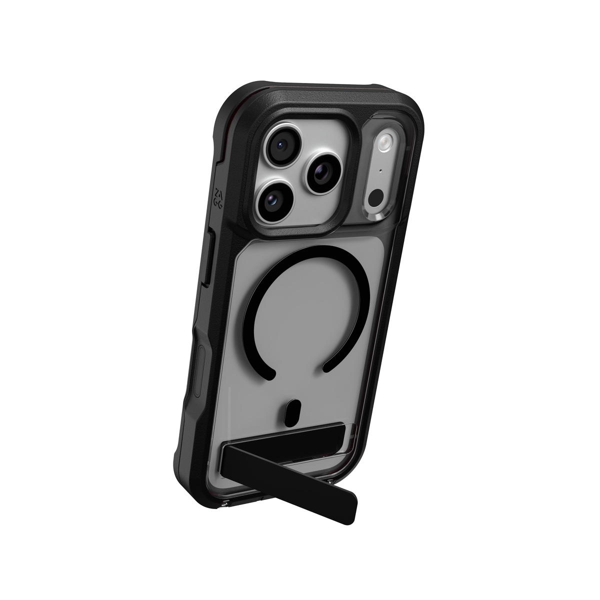 ZAGG Rainier Snap Ayaklı iPhone 17 Pro Max/18 Pro Max - Duman Siyahı akıllı telefon kılıfı, MagSafe uyumlu, beyaz zemin üzerinde dairesel MagSafe halkası, üç kamera açıklığı ve entegre stand ile sunuluyor – iPhone 17 Pro Max'inizin korunması ve şıklığı için ZAGG'ın ideal seçimi.