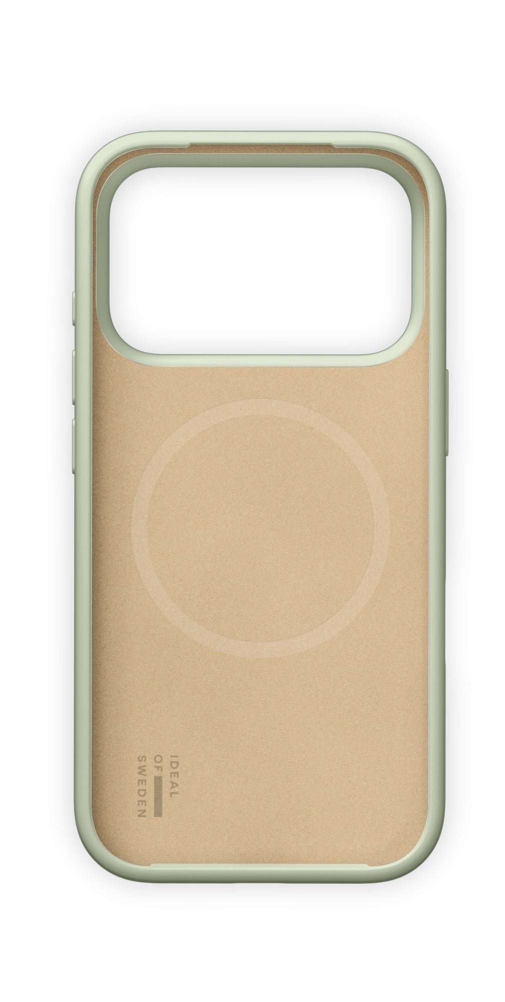 Eine beige- und salbeigrüne Silikonhülle mit MagSafe von Ideal of Sweden, die sich durch einen rechteckigen Kameraausschnitt und einen runden MagSafe-Umriss im skandinavischen Design auszeichnet, ist vor einem weißen Hintergrund abgebildet. Ideal als Hülle für das iPhone 18 Pro.