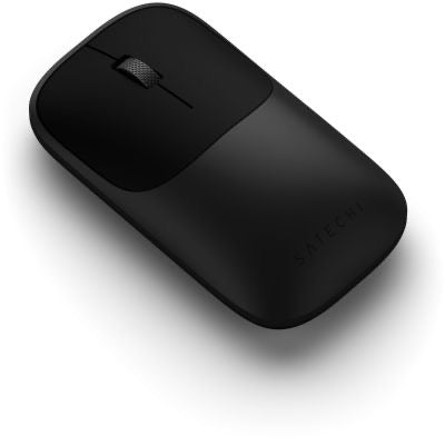 Eine schwarze, schlanke kabellose Maus mit Scrollrad, schräg auf weißem Hintergrund abgebildet. Das Satechi-Logo ist unten rechts dezent zu erkennen und unterstreicht das elegante Design der Satechi Slim EX Wireless Mouse Space Black – einer ergonomischen Maus, die sich ideal für moderne Arbeitsumgebungen eignet.