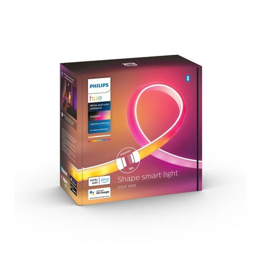 Auf der Verpackung des Philips Hue Gradient Ambience Lightstrip 1m Erweiterung befindet sich ein flexibler Streifen in Pink, Orange und Gelb. Auf der Verpackung sind Bluetooth, Hue Bridge-Unterstützung und Kompatibilität mit den wichtigsten Smart Home-Plattformen angegeben. Marke: Philips.
