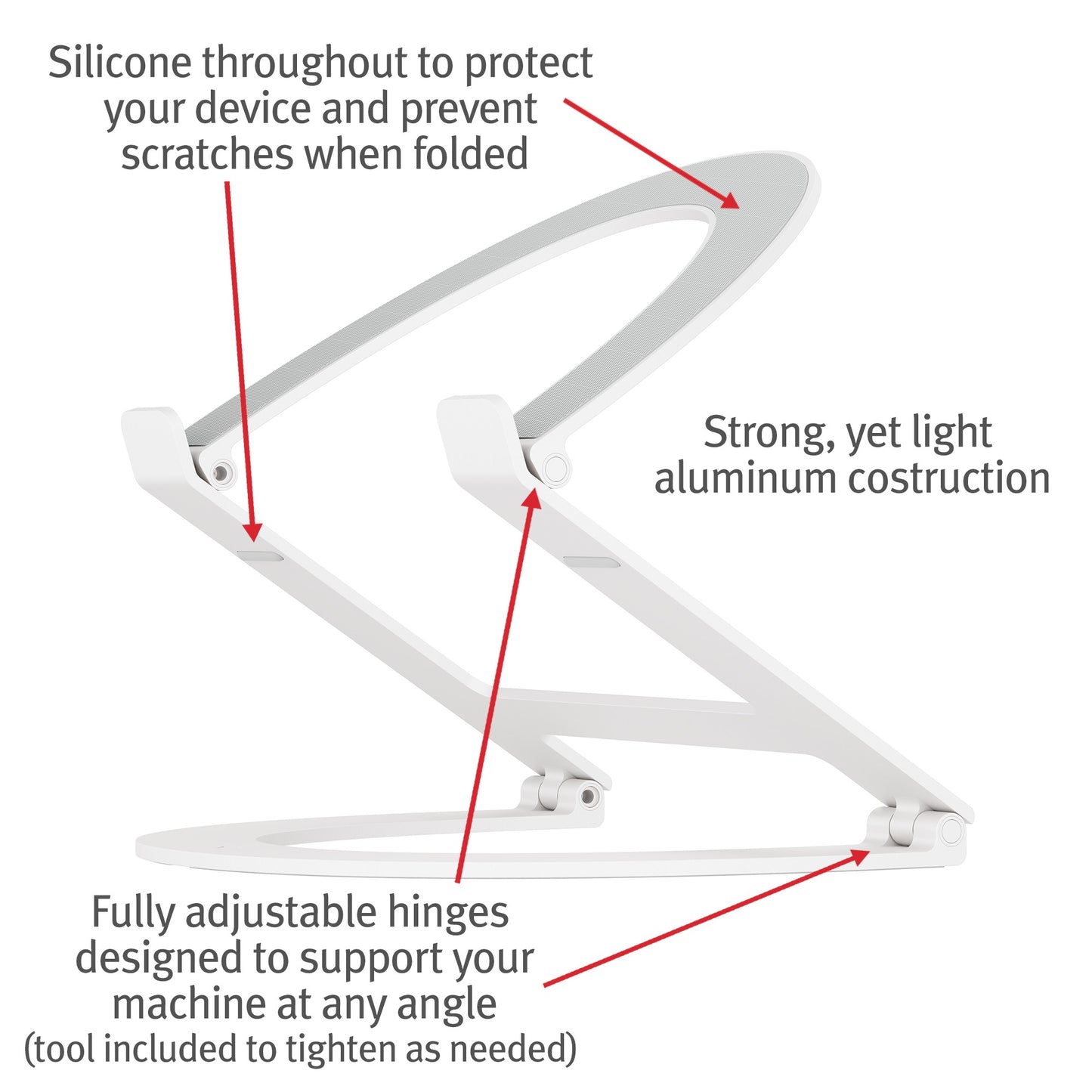 Der Twelve South Curve Flex Aluminium-Ständer für MacBook (weiß) zeichnet sich durch folgende Merkmale aus: Silikonschutz, eine robuste Aluminiumkonstruktion und verstellbare Scharniere. Ergonomisches Arbeiten wird durch präzise positionierte Silikonpolster, ein stabiles Aluminiumgehäuse von Twelve South und einen leicht verstellbaren Scharniermechanismus gewährleistet. Im Lieferumfang ist ein Werkzeug zum Festziehen enthalten – ideal als vielseitiger MacBook-Ständer.