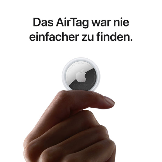 A hand holds a round silver and white Apple AirTag, 4er-Pack (2026), with the German text Das AirTag war nie einfacher zu finden above it, highlighting its integration with the Wo ist? App.