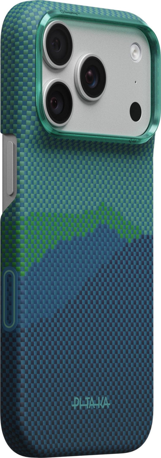 An ultrathin PITAKA Edge Case iPhone 17 Pro/18 Pro Summer Noon with a blue and green checkered mountain-like pattern and a teal camera ring.