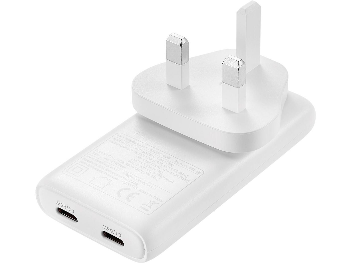 Sandberg Dual Port Ladegerät 65W - mit Reiseadapter - Weiß