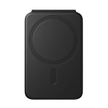 Schwarze Black Pitaka Magnethalterung mit gewebter Geldbörse aus schwarz-grauem Twill mit einer runden Ladeanzeige auf der Vorderseite.