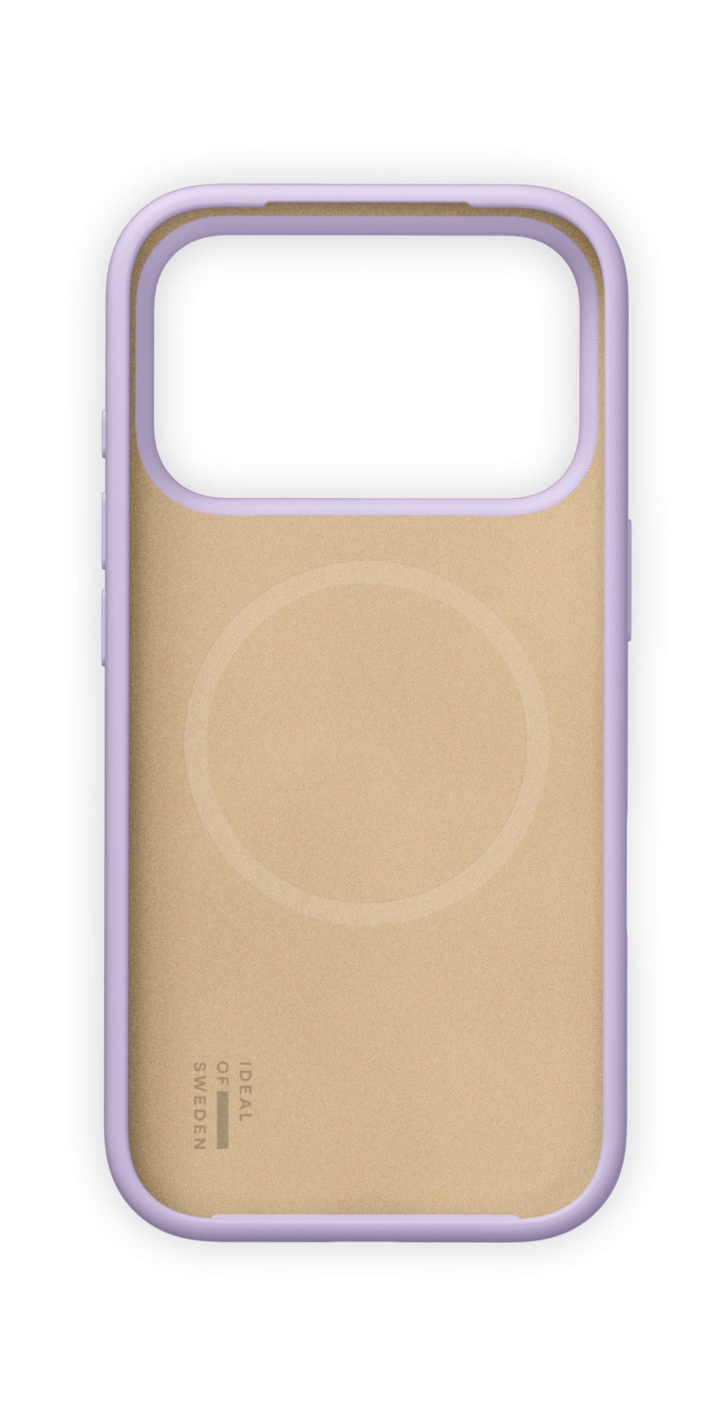 Büyük bir kamera açıklığına ve ortasında ince bir dairesel desene sahip, bej ve açık mor renkli bir iPhone 18 Pro kılıfı. İskandinav tasarımını yansıtan Ideal of Sweden’in MagSafe özellikli Lavender Milk renkli silikon kılıfının alt kısmına yakın bir yerde “IDEAL OF SWEDEN” yazısı yer almaktadır.