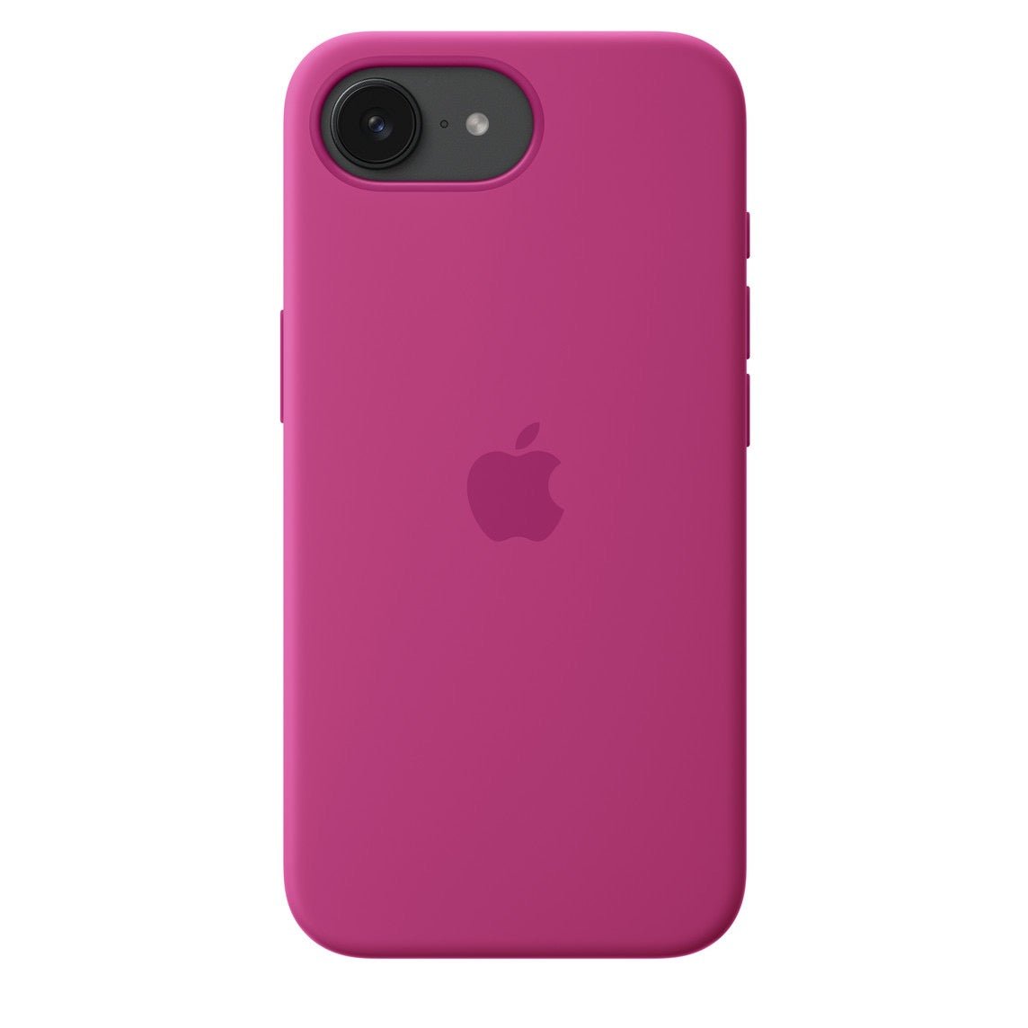 Das fuchsiafarbene Apple iPhone 16e Silikon Case von Apple zeigt das Logo in der Mitte, besteht aus recyceltem Silikon, unterstützt MagSafe und lässt die Kamera und den Blitz in der oberen linken Ecke sichtbar.
