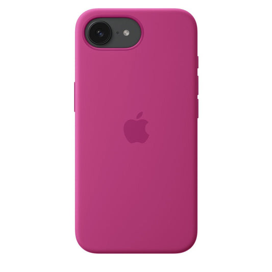 Das fuchsiafarbene Apple iPhone 16e Silikon Case von Apple zeigt das Logo in der Mitte, besteht aus recyceltem Silikon, unterstützt MagSafe und lässt die Kamera und den Blitz in der oberen linken Ecke sichtbar.