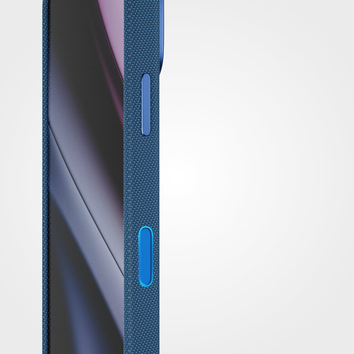 Yakın çekim bir yan görünüm, Epico SolidWoven Pro Kılıf (iPhone 17 Pro/18 Pro için - Mavi) ile korunan bir iPhone’u göstermektedir. Epico'nun bu kılıfı, dokulu mavi bir yüzeye ve uyumlu iki mavi düğmeye sahipken, ekranda siyah, mor ve gri tonlarında soyut diyagonal şekiller görünüyor. iPhone 17 Pro kılıfı veya iPhone 18 Pro koruyucu kılıfı olarak mükemmel olan bu ürün, düz beyaz bir arka plan üzerinde dikkat çekiyor.