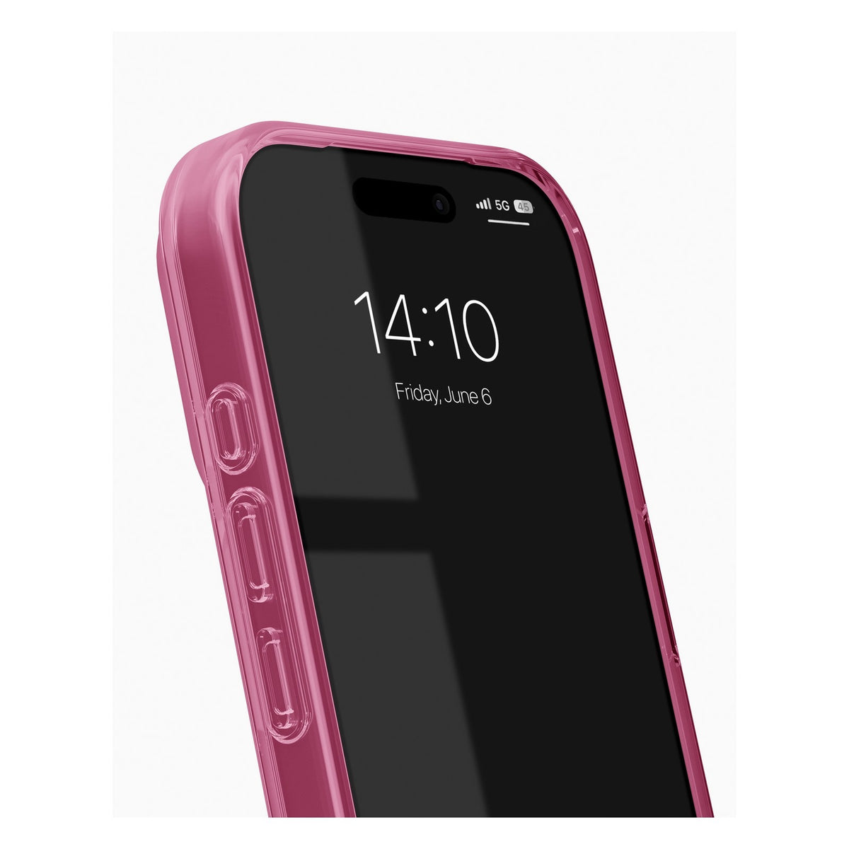Ein Smartphone mit der „Ideal of Sweden Transparente Hülle mit MagSafe“ für das iPhone 17 Pro/18 Pro – Cherry Crush zeigt die Uhrzeit 14:10 Uhr und das Datum Freitag, den 6. Juni an. Oben rechts auf dem Bildschirm sind die Symbole für Akku, Empfang und 5G zu sehen, wodurch praktische Funktionen mit dem skandinavischen Design von Ideal of Sweden zu einem stilvollen und modernen Look verschmelzen.