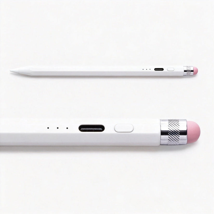 Zwei ZAGG Oxford Stylus iPad-Stifte in Weiß sind vor einem weißen Hintergrund abgebildet – einer von der Seite und der andere in einer Nahaufnahme, die die Tasten und den Ladeanschluss hervorhebt –, und bieten so ein elegantes Beispiel für den charakteristischen Eingabestift von ZAGG für das iPad.