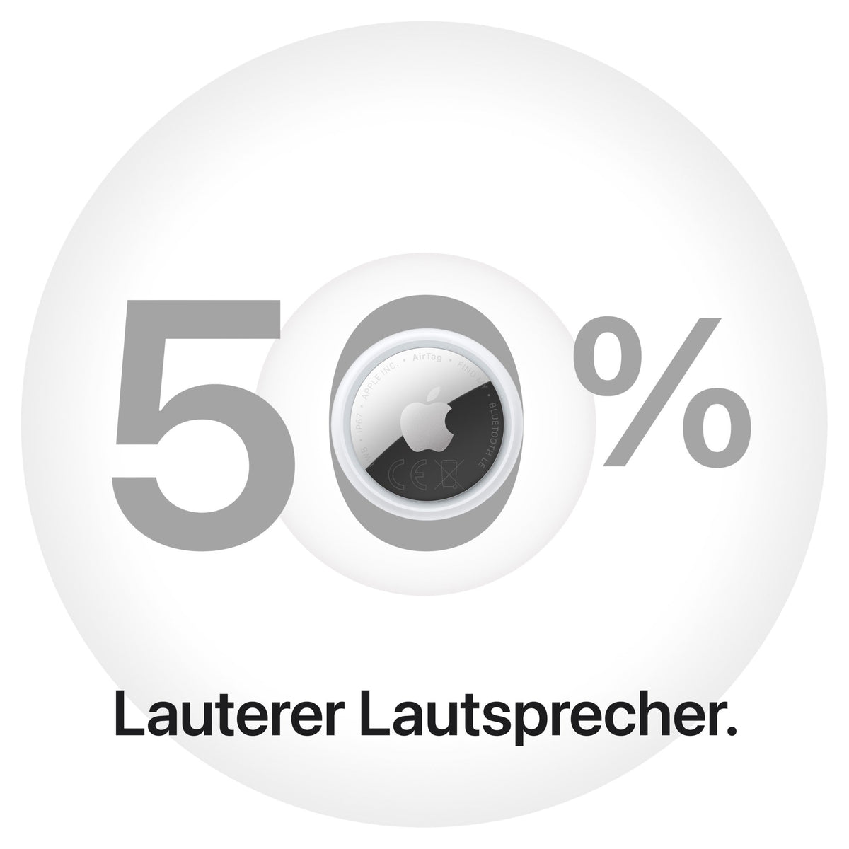 Ein Apple AirTag, 4er-Pack (2026), zentriert in einer großen 50-Prozent-Grafik, darunter der Text Lauterer Lautsprecher.