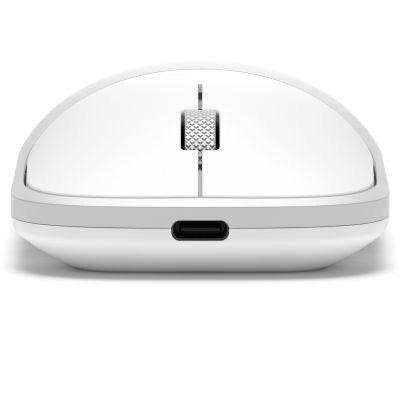 Eine Satechi Slim EX Wireless Mouse in Silber wird von vorne gezeigt, wobei ihr schlankes Design mit einem Scrollrad und einem USB-C-Ladeanschluss besonders gut zur Geltung kommt – ideal für ein minimalistisches Arbeitsplatz-Setup wie diese kabellose Maus.
