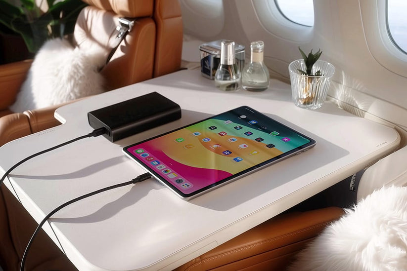 Mophie markalı bir mophie Powerstation Pro 20K - Schwarz cihazına bağlı bir tablet, lüks bir uçak kabinindeki tepsili masanın üzerinde duruyor; etrafında deri koltuklar, bir içecek ve küçük bir bitki bulunuyor.