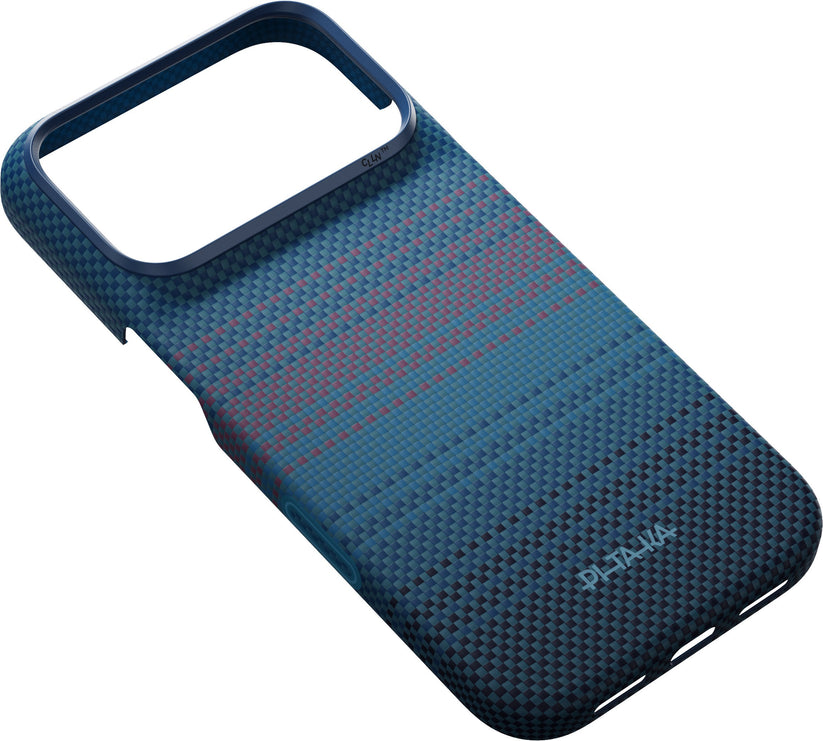 Introducing the PITAKA Aramid Edge Case für iPhone 17 Pro/18 Pro, Moonrise 2.0—a blue textured Schutzhülle with red and black accents, designed with a large camera cutout and subtle horizontal patterns. This ultradünne Hülle by PITAKA offers sleek protection for your iPhone 17 Pro Max, with “WITHIT” printed on the lower right corner.