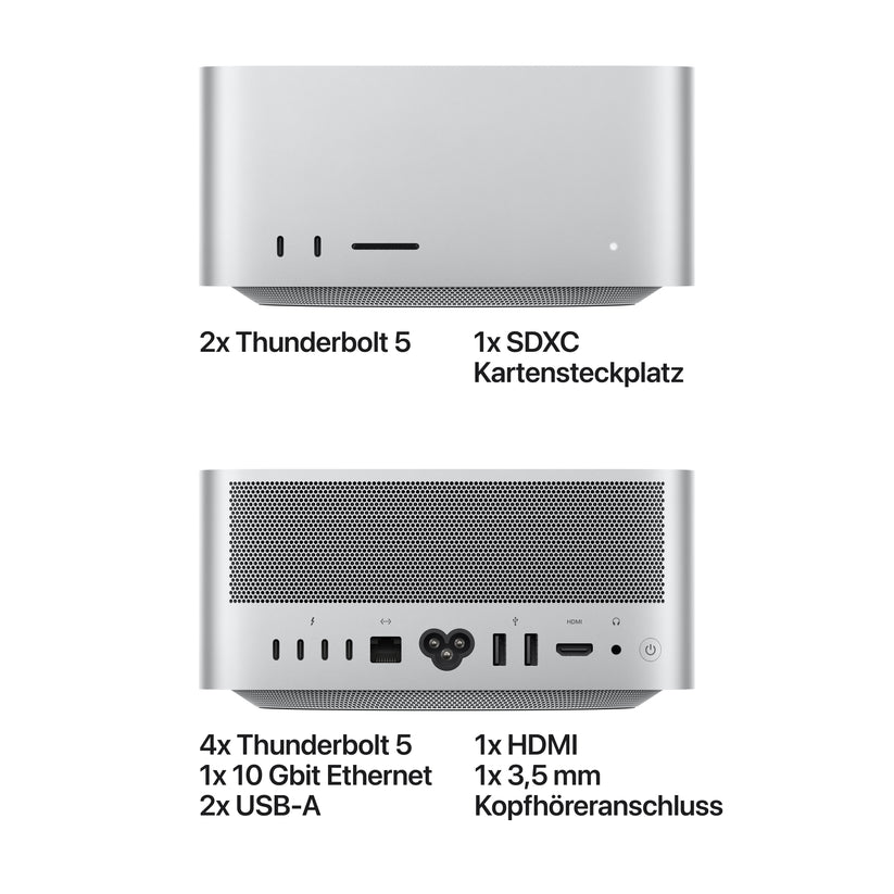 Vorder- und Rückansicht des Mac Studio mit Apple M5 Max-Chip (18-Core-CPU, 32-Core-GPU, 36 GB RAM, 512 GB SSD) in Silber von Apple. Verschiedene Anschlüsse wie Thunderbolt 5, SDXC-Steckplatz, Ethernet, USB-A, HDMI und Kopfhöreranschluss sind zu sehen und auf Deutsch beschriftet.