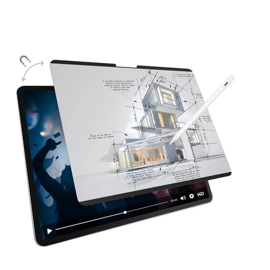 A SwitchEasy MagEasy Paper Like Magnetisch iPad Pro 13" M4/M5 displays architectural sketches with a digital pen, compatible with Apple Pencil. The screen protector is partially lifted, showing a paused party video beneath.