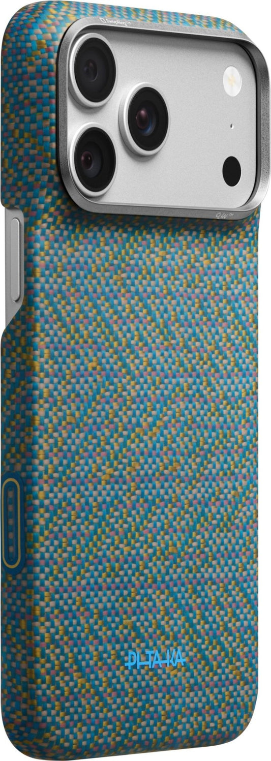 PITAKA Edge Case iPhone 17 Pro Max/18 Pro Max Wind over Wheat featuring a textured, multi-colored blue, yellow, and tan woven pattern and a silver camera bezel.