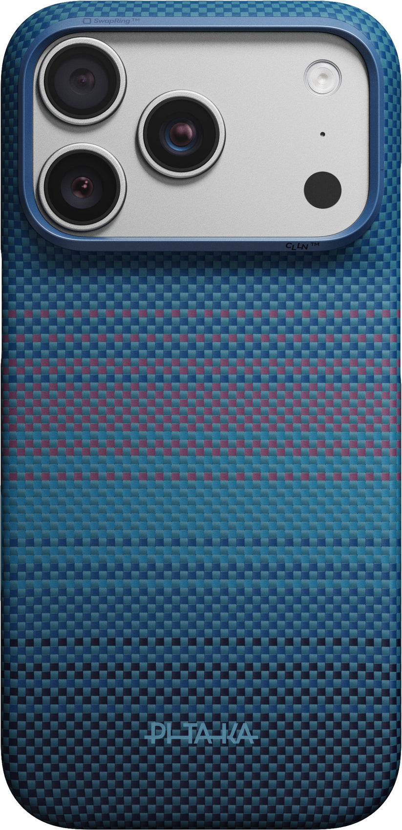 A blue woven-pattern phone case, the PITAKA Aramid Edge Case für iPhone 17 Pro/18 Pro, Moonrise 2.0, features three camera cutouts and a flash in the top left corner. The brand name “PITAKA” appears near the bottom of this ultradünne Schutzhülle, which offers sleek protection for your iPhone 17 Pro Max.